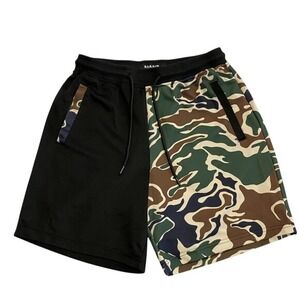 REASON Men's Color Block Camo Athletic Shorts Size Small Black Green Brown